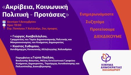 Κίνημα Δημοκρατίας Χαλανδρίου: Εκδήλωση με θέμα “Ακρίβεια, Κοινωνική Πολιτική - Προτάσεις”